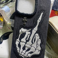 Custodia iPhone Skeleton Hand – Denim Nero con Patch Scheletro 3D e Croce Metallica